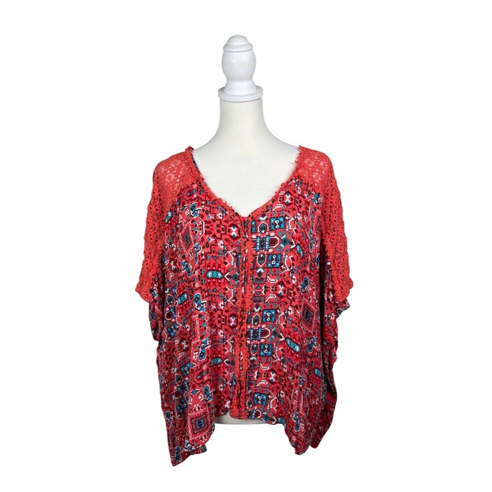 Ariat Coral Southwestern Boho Crochet Sleeve Top Medium Western Festival Blouse